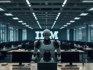 AI robot working at a desk in an IBM office with empty chairs symbolizing laid-off employees