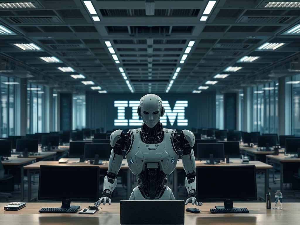 AI robot working at a desk in an IBM office with empty chairs symbolizing laid-off employees