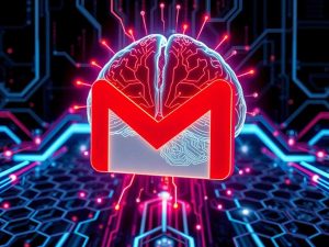 Gmail logo morphing into a glowing AI brain, symbolizing AI integration and data interpretation