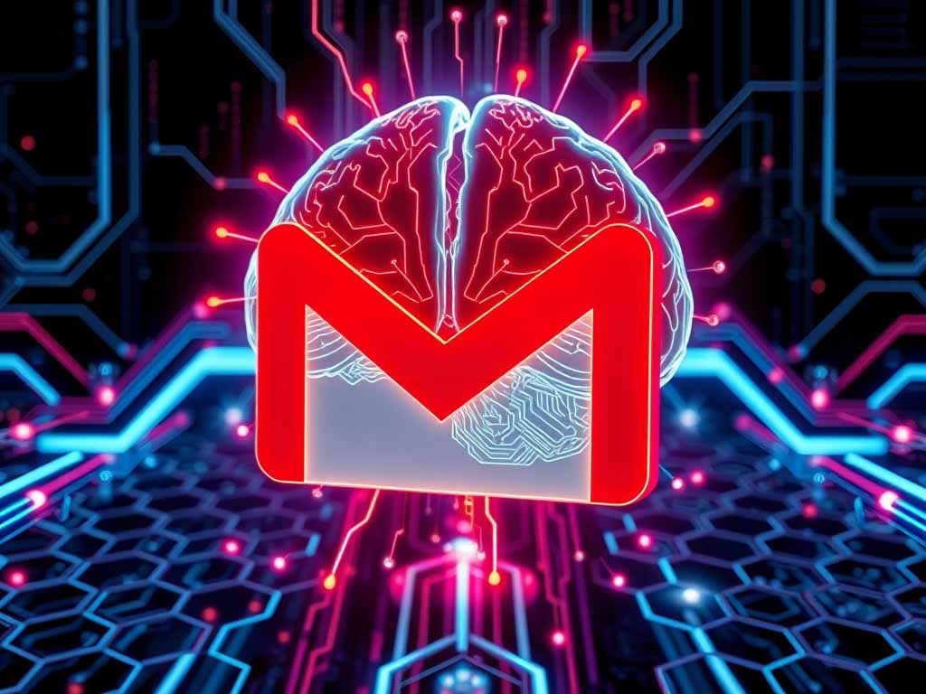 Gmail logo morphing into a glowing AI brain, symbolizing AI integration and data interpretation