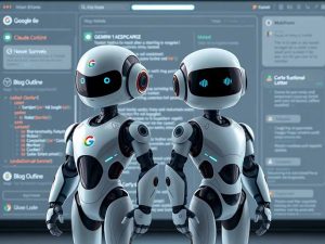 Digital illustration of two AI models, Google Gemini 2.5 Pro and Claude 4 Sonnet, facing off with futuristic interface and creative elements in the background