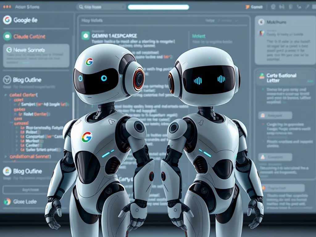 Digital illustration of two AI models, Google Gemini 2.5 Pro and Claude 4 Sonnet, facing off with futuristic interface and creative elements in the background