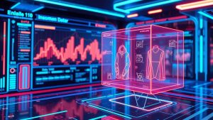 Futuristic AI interface displaying personalized fashion recommendations and data analytics in a digital retail environment