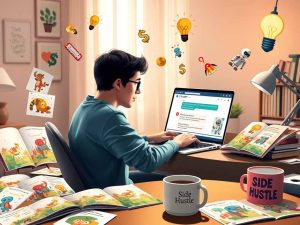 A man using ChatGPT on a laptop to create AI-generated children’s coloring books, surrounded by colorful pages, side hustle mugs, and floating money and idea icons in a home office.