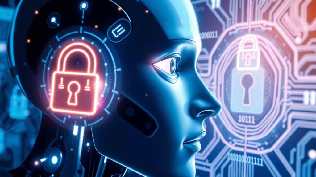 A futuristic robotic head with a glowing red padlock icon on its forehead, symbolizing cybersecurity and data protection. The background features circuitry patterns and additional padlocks, emphasizing the theme of digital security.