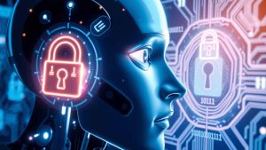 A futuristic robotic head with a glowing red padlock icon on its forehead, symbolizing cybersecurity and data protection. The background features circuitry patterns and additional padlocks, emphasizing the theme of digital security.