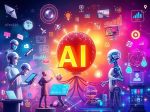 Robots and humans interacting with digital tools and data around a glowing AI core