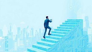 - A worker ascends a digital staircase, symbolizing AI-driven career growth and the integration of artificial intelligence in professional industries. - Title: Rising with AI: How Workers Can Become AI Experts in Their Industry - Caption: A dedicated worker steps into the future, harnessing AI expertise to shape career opportunities and business innovation. - Description: This image represents the journey of workers embracing AI to enhance their roles and industries. The digital staircase symbolizes the path to AI-driven career growth, showcasing how professionals can leverage artificial intelligence for success in the modern workplace. Let me know if you'd like any refinements!