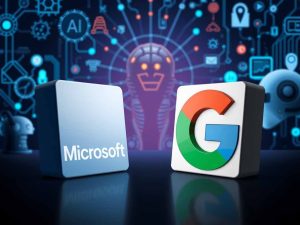 Digital illustration showing Microsoft and Google logos with AI-themed elements representing their competing AI strategies at 2025 developer conferences