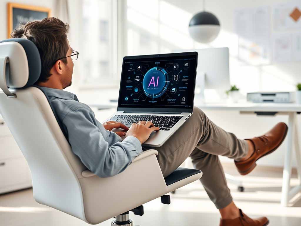 A person using a computer while an AI interface on the screen automates tasks like scheduling and data analysis.