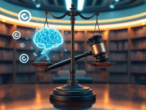 Illustration showing a legal scale balanced with AI technology and copyright symbols, representing the copyright lawsuits against AI.