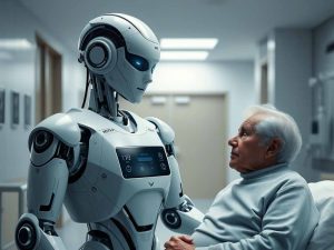 "AI nurse robot powered by NVIDIA assisting elderly patient in a hospital"