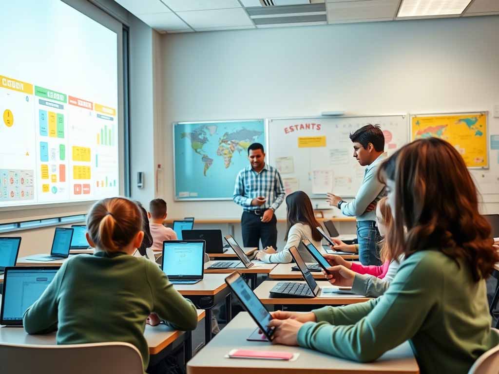 Students using AI tools in a classroom while teacher observes