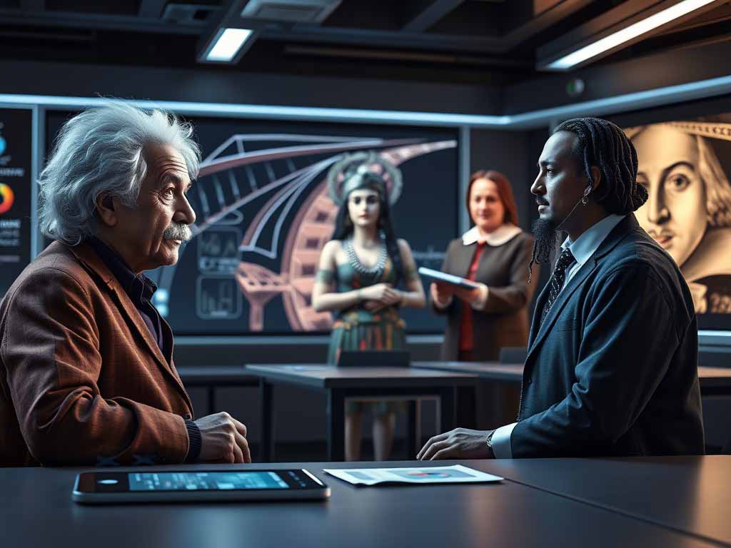 Student chatting with AI avatars of historic figures in classroom