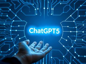 Futuristic digital interface symbolizing ChatGPT 5, with a glowing AI network and human figure interacting in a high-tech environment
