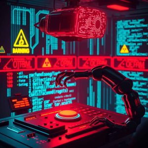 AI brain network connected to a red nuclear button