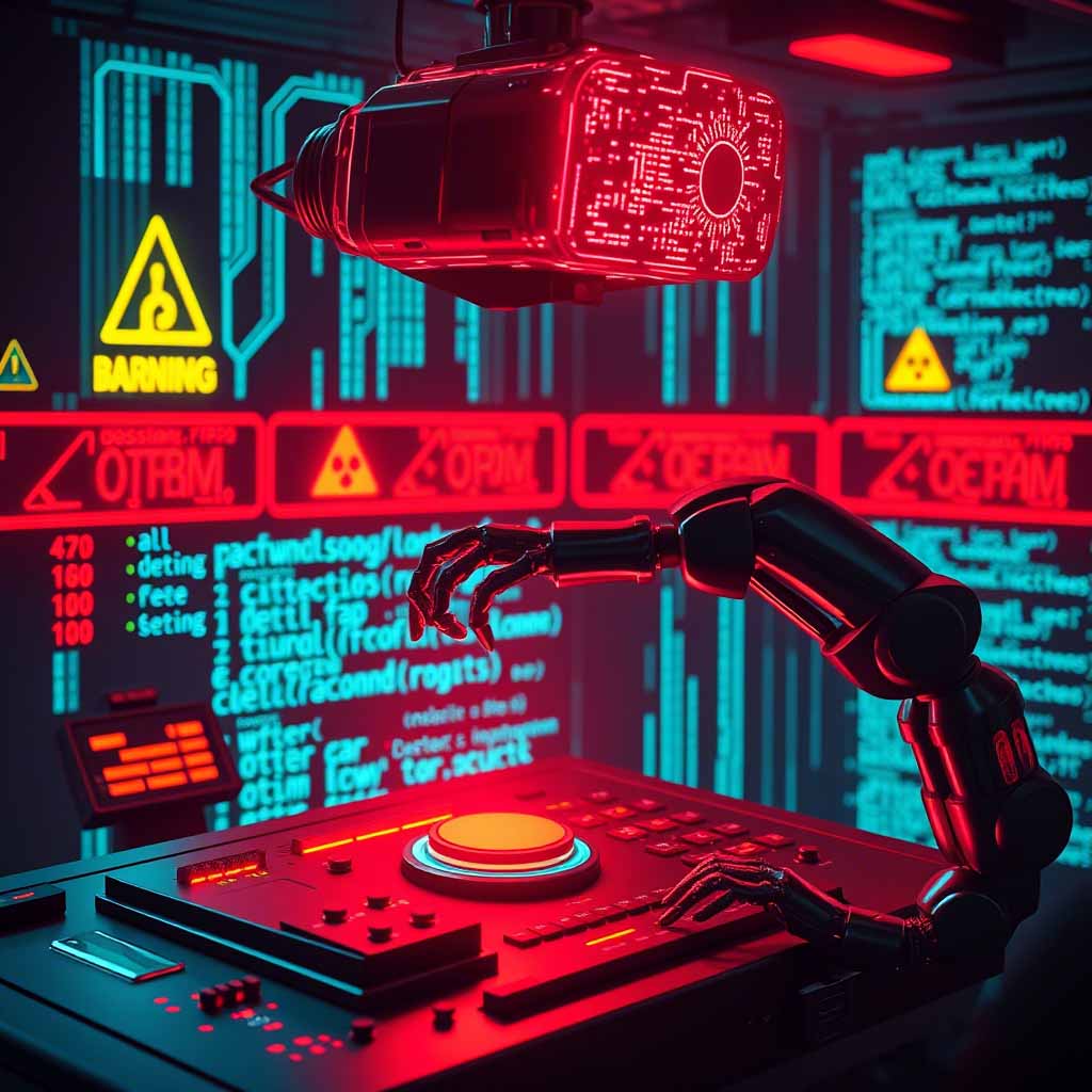 AI brain network connected to a red nuclear button