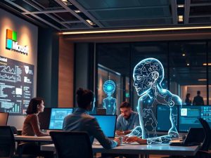 Humans and AI agents working together in a modern high-tech office powered by Microsoft