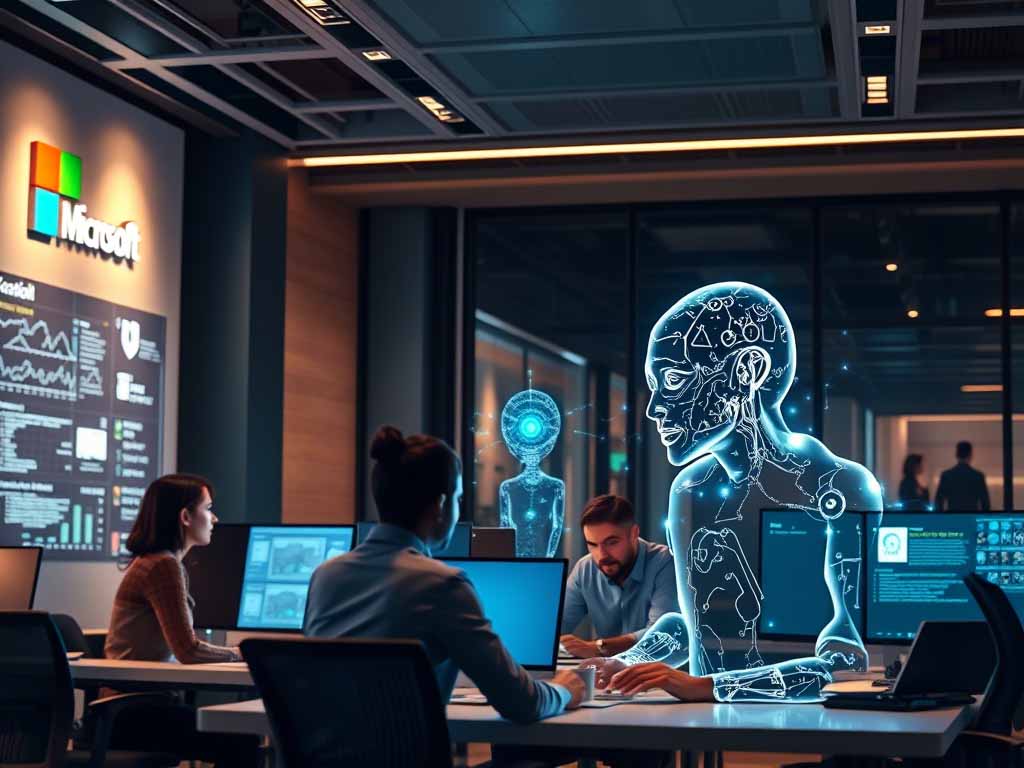 Humans and AI agents working together in a modern high-tech office powered by Microsoft