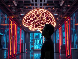 Silhouette of Mark Zuckerberg facing a glowing AI brain made of digital data