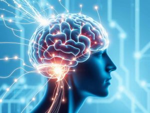 A futuristic brain connected to artificial intelligence with light signals