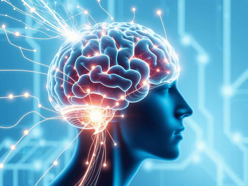 A futuristic brain connected to artificial intelligence with light signals