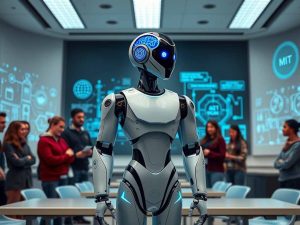 MIT students exploring new AI tools with futuristic robot in lab