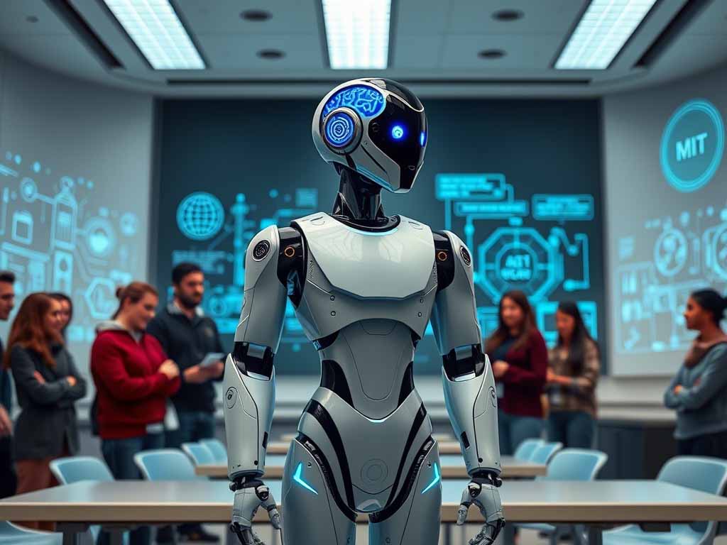 MIT students exploring new AI tools with futuristic robot in lab