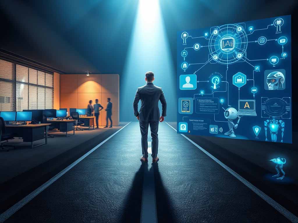 A business professional standing at a crossroads between traditional work and AI-driven tasks, symbolizing the future of jobs with Agentic AI.