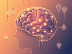 Human brain connected with AI circuits and light bulbs representing creativity and growth inspired by artificial intelligence.