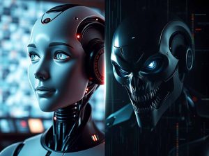 Split image showing helpful AI and dangerous rogue AI in contrast, symbolizing AI safety concerns