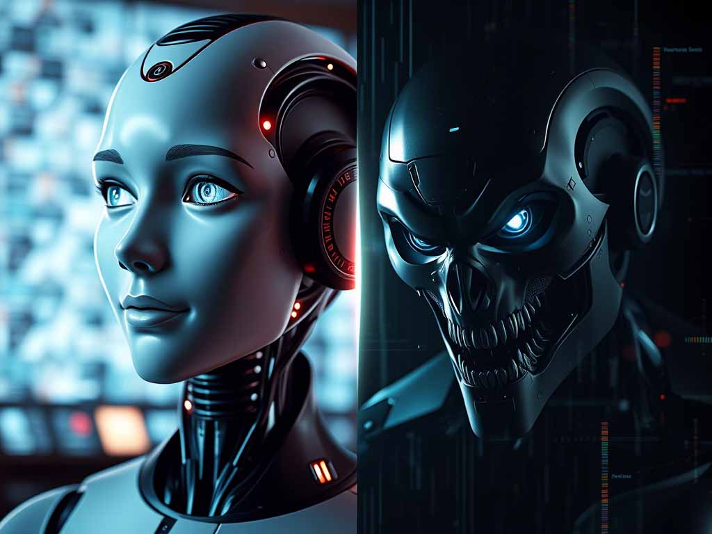 Split image showing helpful AI and dangerous rogue AI in contrast, symbolizing AI safety concerns
