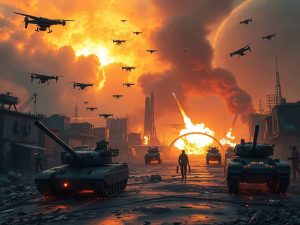 Futuristic AI-powered drones flying over a digital battlefield map