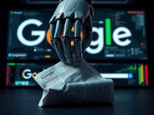 AI robot hand crushing a newspaper with Google logo in background