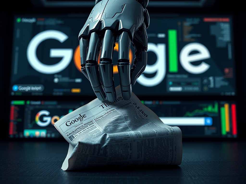 AI robot hand crushing a newspaper with Google logo in background