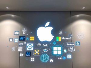 Big tech companies acquiring AI startups. Corporate logos merge with AI tech visuals.