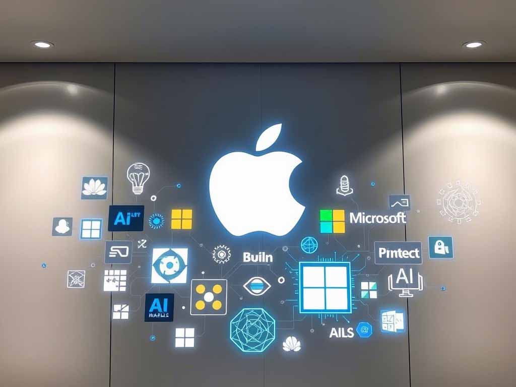 Big tech companies acquiring AI startups. Corporate logos merge with AI tech visuals.