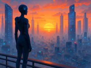 Stylized AI avatar watching a digital sunset over a futuristic metaverse skyline