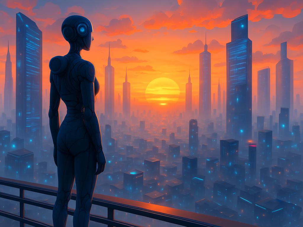 Stylized AI avatar watching a digital sunset over a futuristic metaverse skyline