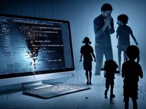 Symbolic illustration of AI misuse creating harmful child content, showing broken digital code and shadowy figures.