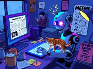 A robot sitting at a desk, trying to create memes on a computer while looking confused. Humans outside are laughing at their phones.