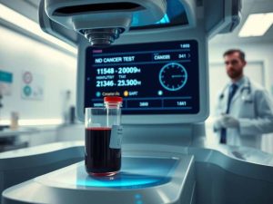 Doctor observing AI-powered blood analysis device detecting cancer in under 60 seconds