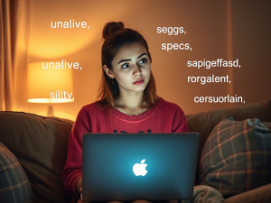 A person with their mouth covered in digital code, trying to speak while AI-generated warning icons and social media filters float around them.