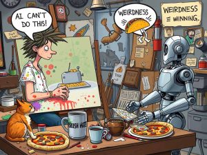 Human and robot competing in an art battle, illustrating the difference between AI-generated perfection and gloriously messy human creativity