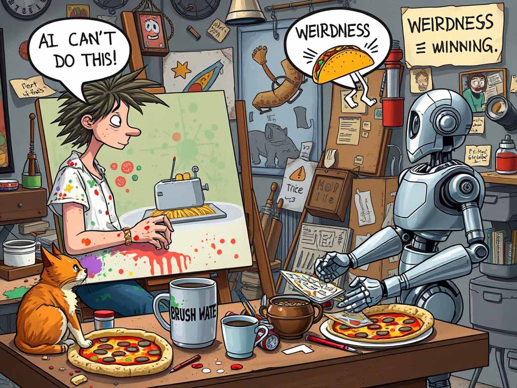 Human and robot competing in an art battle, illustrating the difference between AI-generated perfection and gloriously messy human creativity