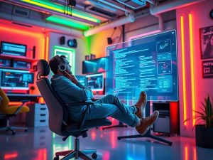 Developer using AI assistant in futuristic vibe coding setup