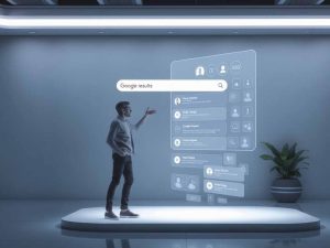 Person interacting with a holographic voice-enabled Google search interface in a futuristic setting