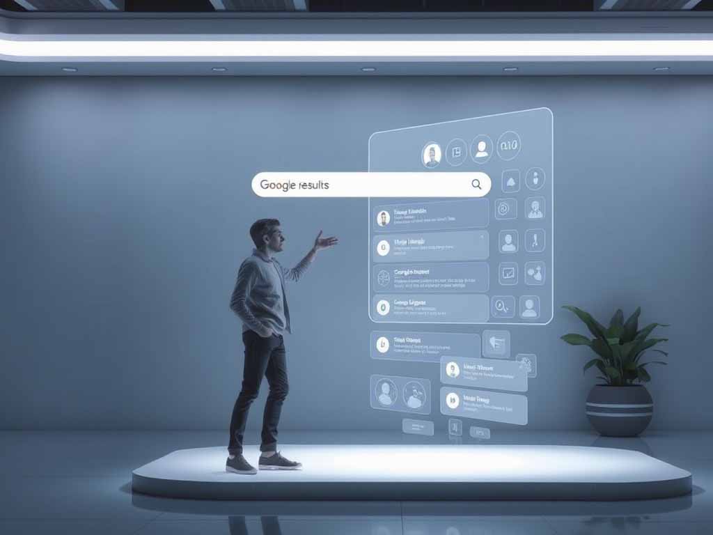 Person interacting with a holographic voice-enabled Google search interface in a futuristic setting