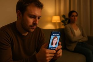 Person distracted by AI girlfriend chatbot on smartphone while partner feels ignored in the background