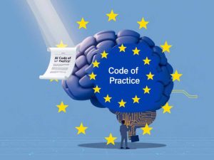 European Union flag blending into a digital AI brain, with a scroll representing AI Code of Practice in the background